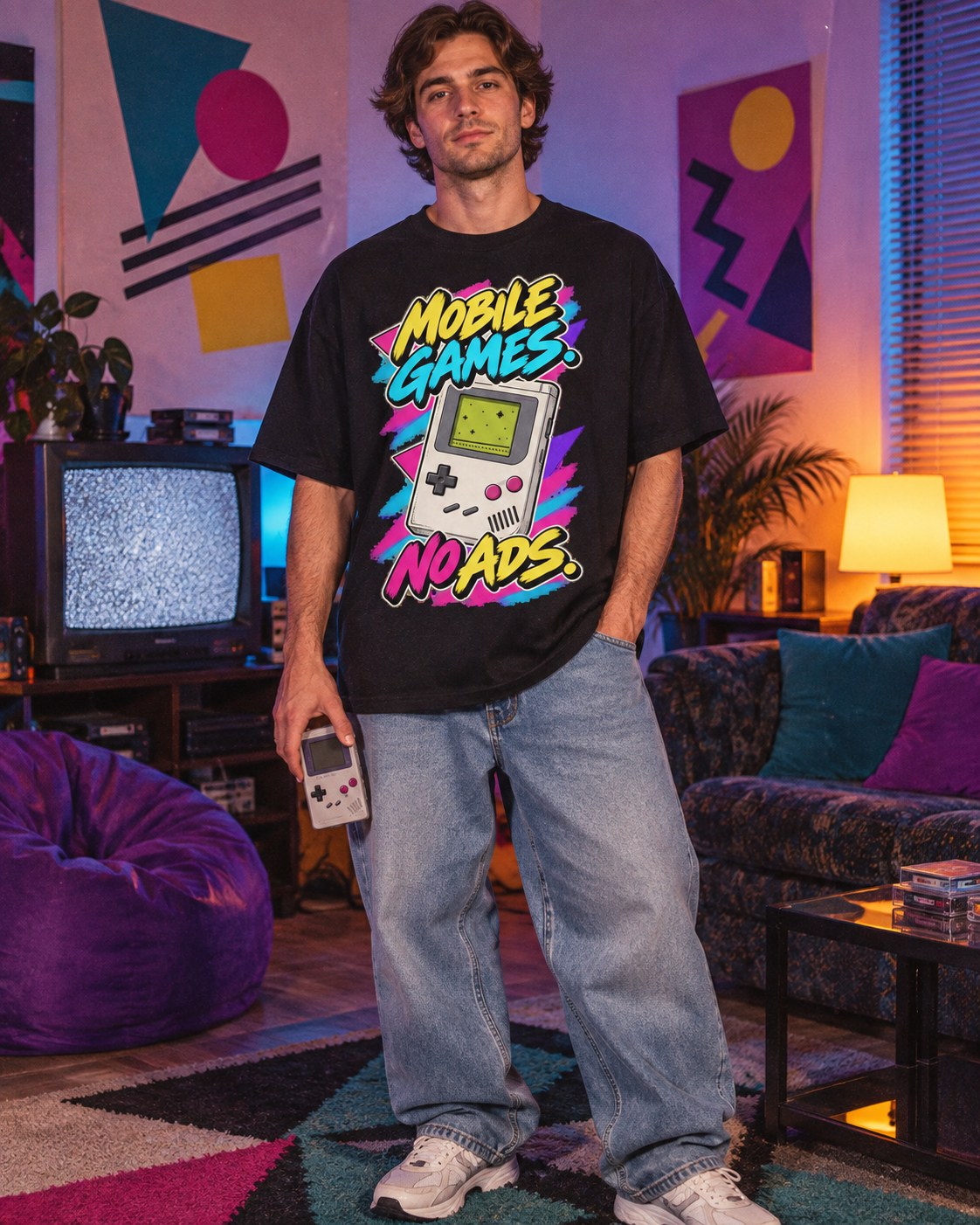 Lifestyle photo: Mobile Games No Ads T-Shirt | Retro Handheld Gaming Nostalgia on a Black T-shirt (Color: Black)