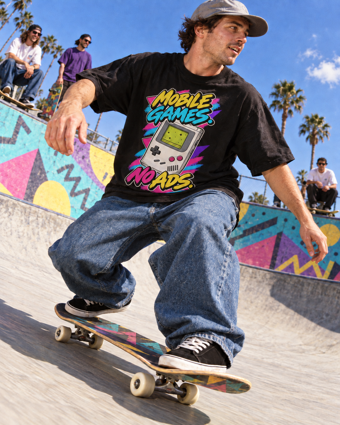 Lifestyle photo: Mobile Games No Ads T-Shirt | Retro Handheld Gaming Nostalgia on a Black T-shirt (Color: Black)