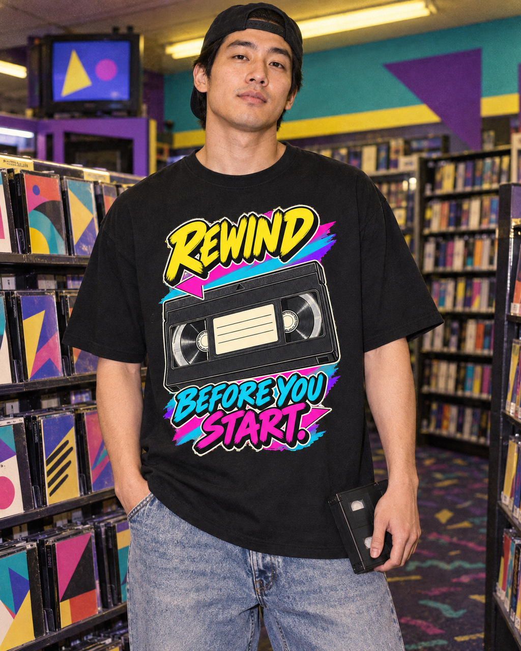 Lifestyle photo: Rewind Before You Start T-Shirt | Retro VHS Cassette Nostalgia on a Black T-shirt (Color: Black)