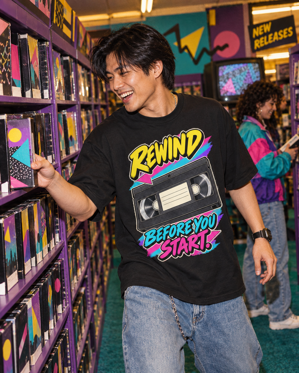 Lifestyle photo: Rewind Before You Start T-Shirt | Retro VHS Cassette Nostalgia on a Black T-shirt (Color: Black)