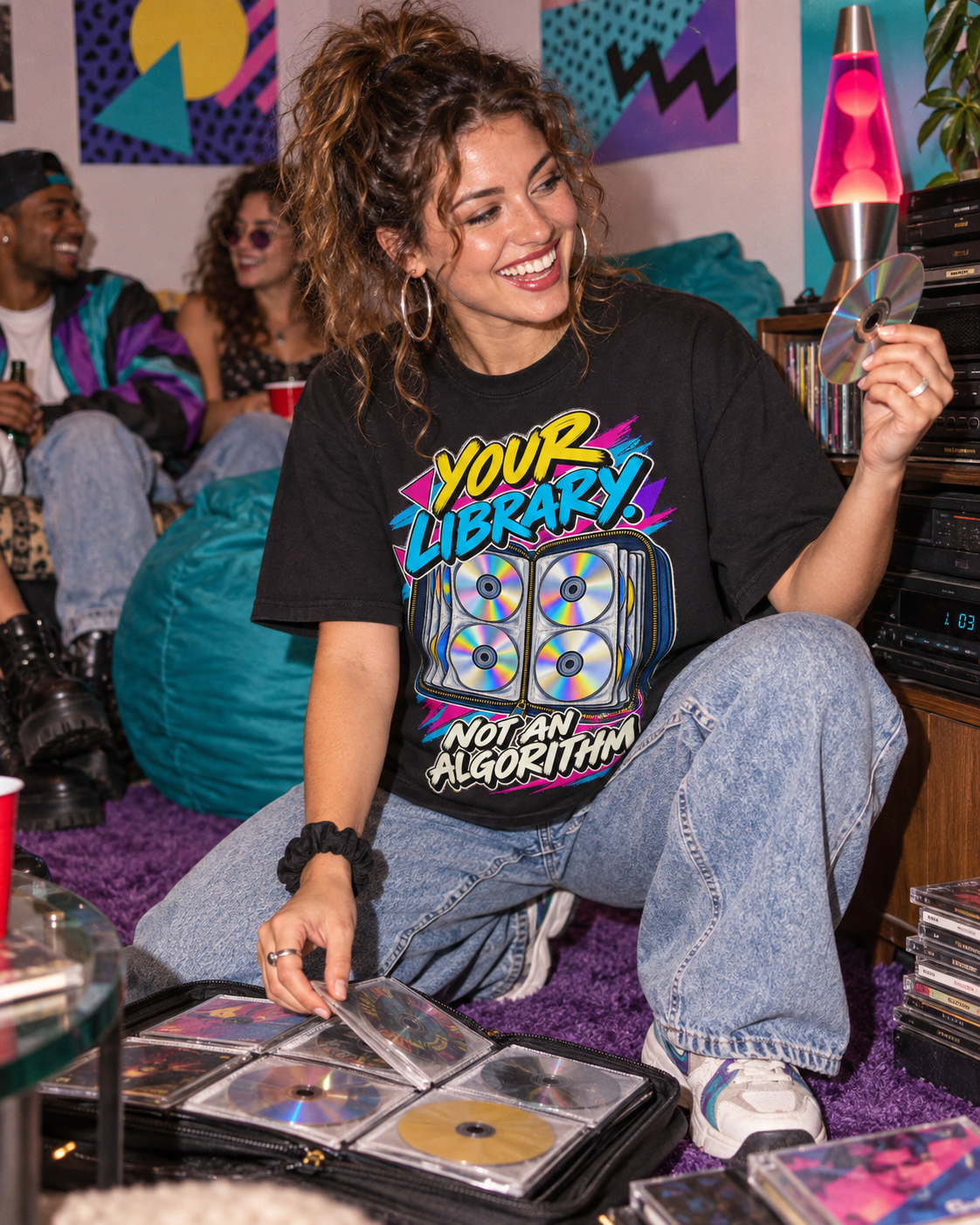 Lifestyle photo: Your Library Not an Algorithm T-Shirt | Retro CD Binder Nostalgia on a Black T-shirt (Color: Black)