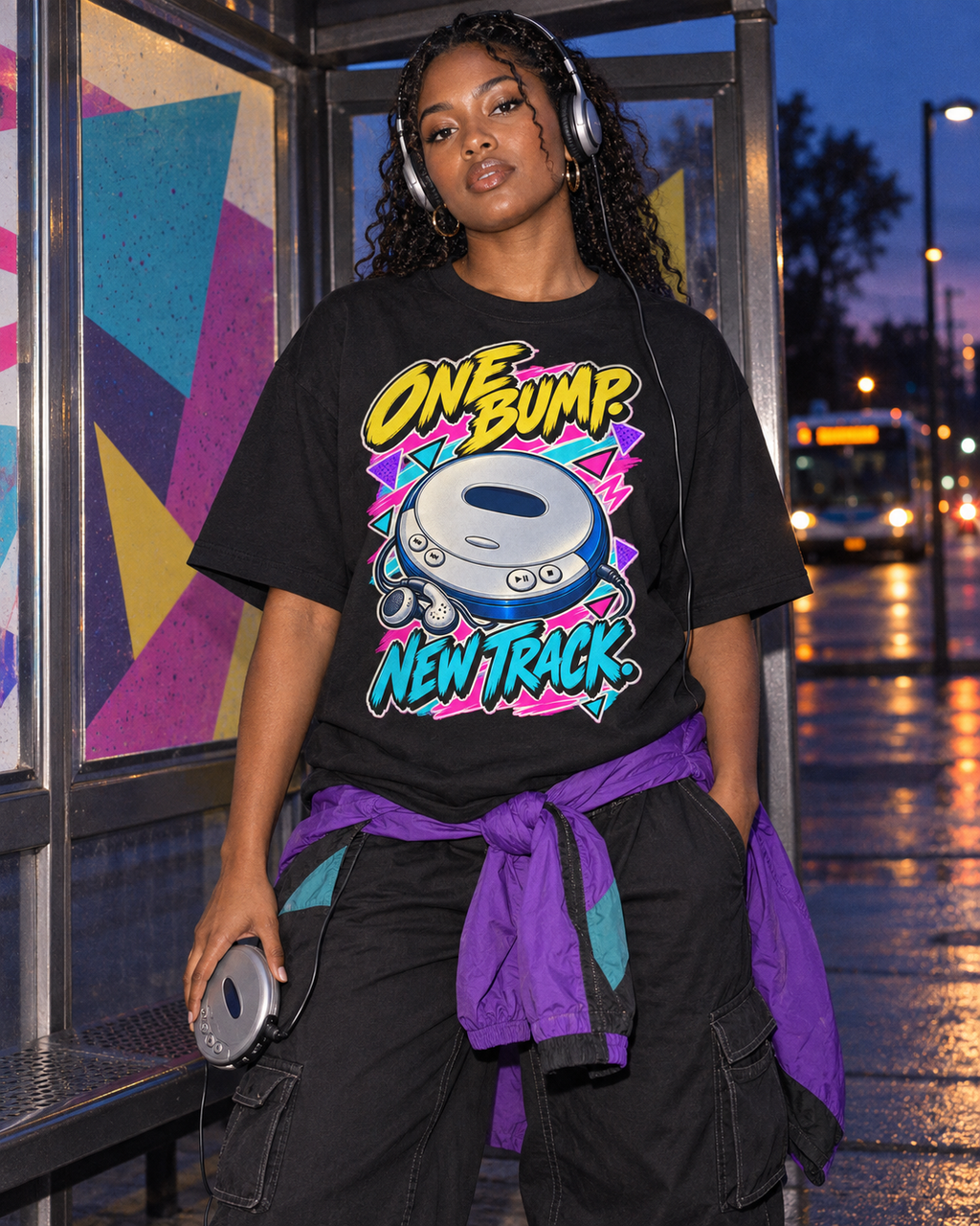 Lifestyle photo: One Bump New Track T-Shirt | Retro CD Walkman Nostalgia on a Black T-shirt (Color: Black)