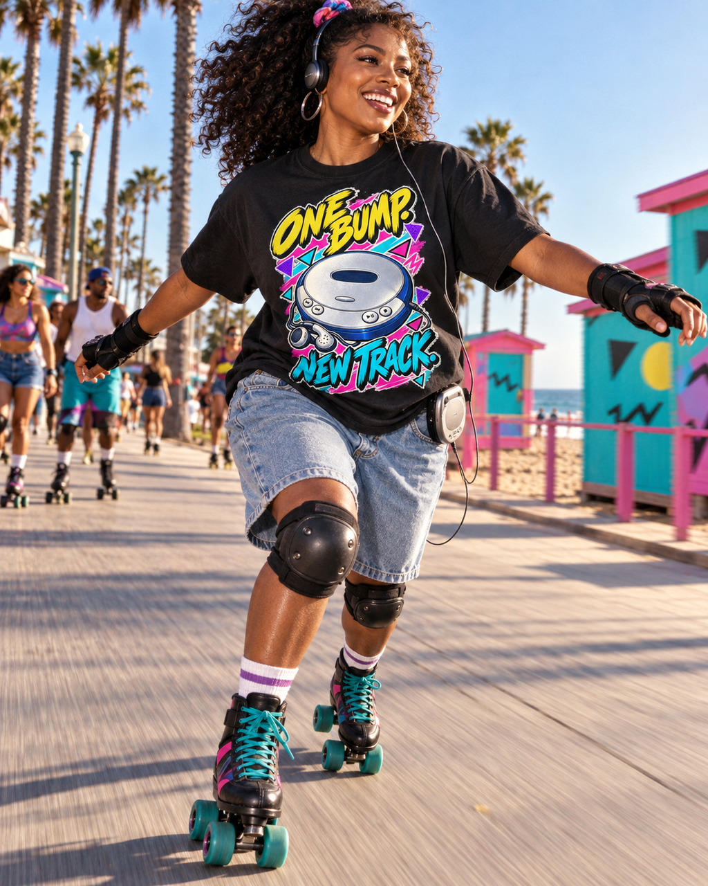 Lifestyle photo: One Bump New Track T-Shirt | Retro CD Walkman Nostalgia on a Black T-shirt (Color: Black)