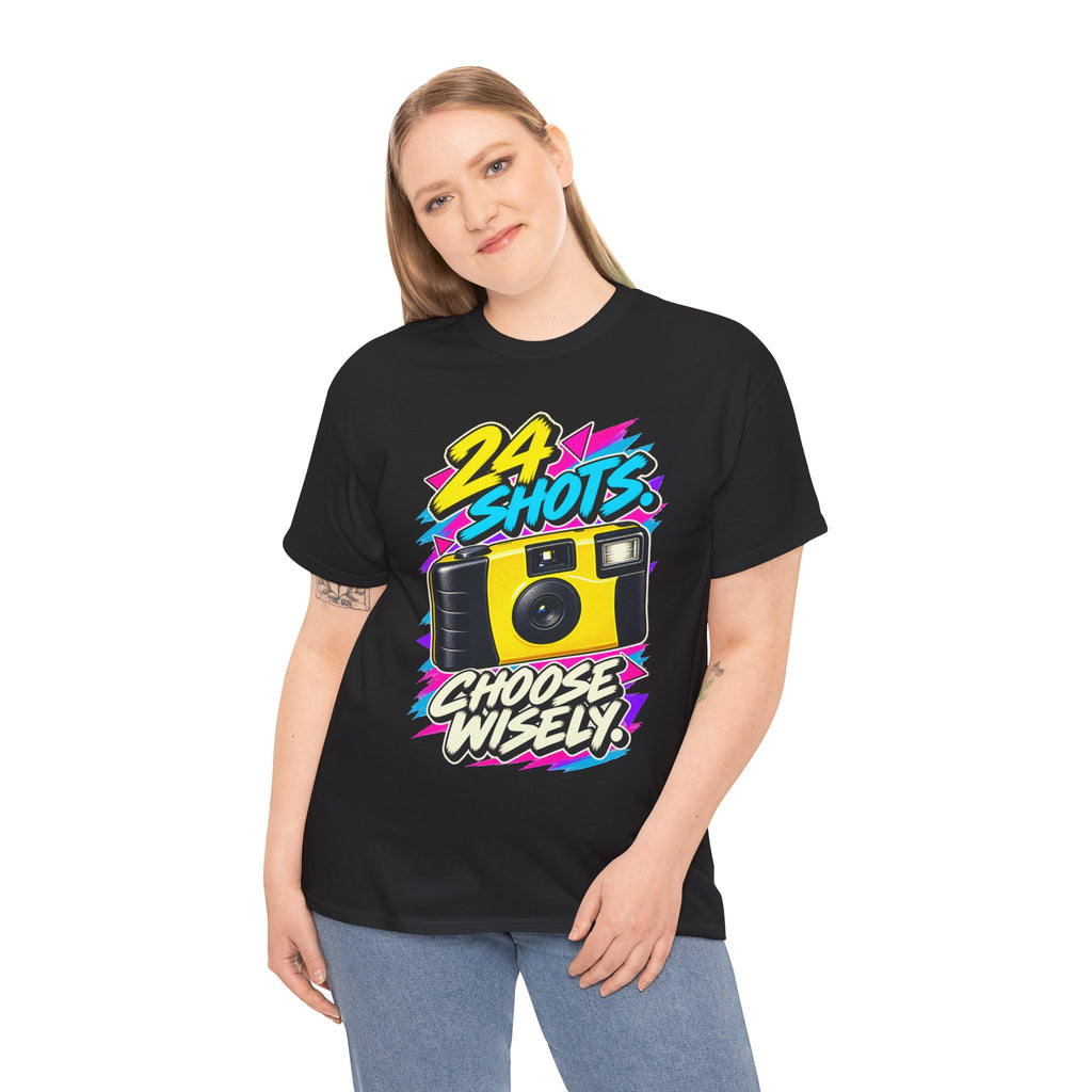 24 Shots Choose Wisely T-Shirt | Retro Disposable Camera Nostalgia on a Black T-shirt, view 27 (Color: Black)