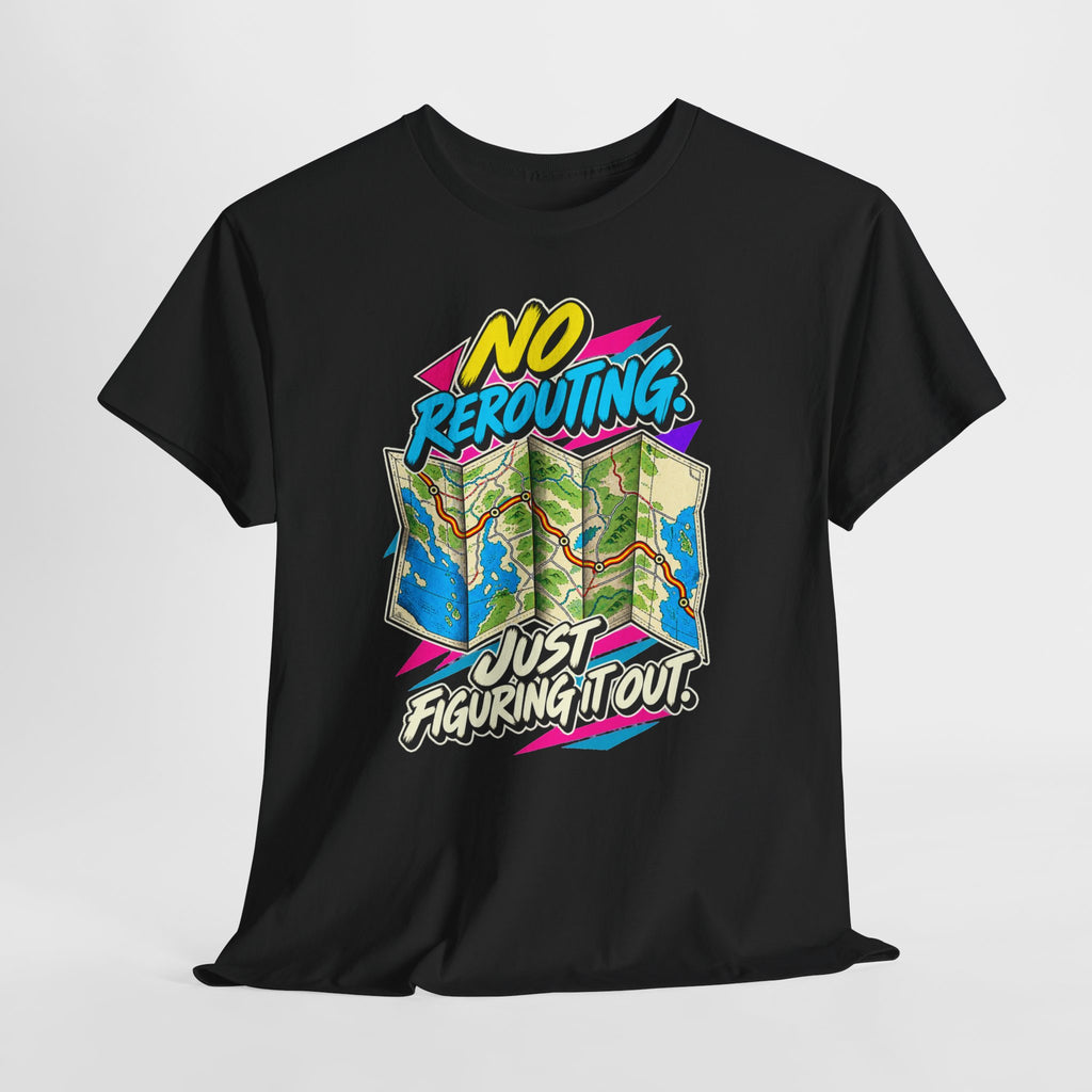 No Rerouting Just Figuring It Out T-Shirt | Retro Road Map Nostalgia on a Black T-shirt, view 14 (Color: Black)