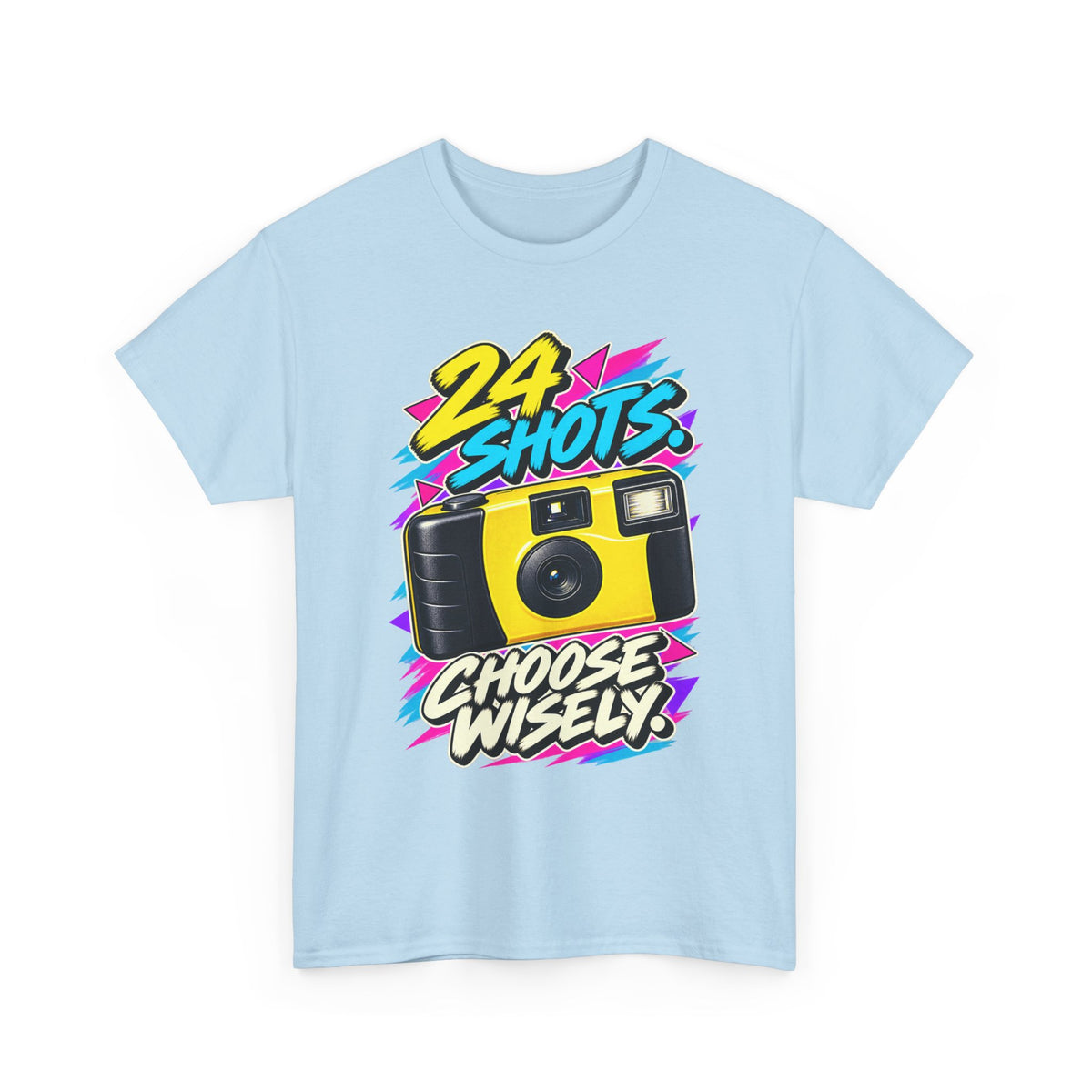 24 Shots Choose Wisely T-Shirt | Retro Disposable Camera Nostalgia on a Light Blue T-shirt, view 2 (Color: Light Blue)