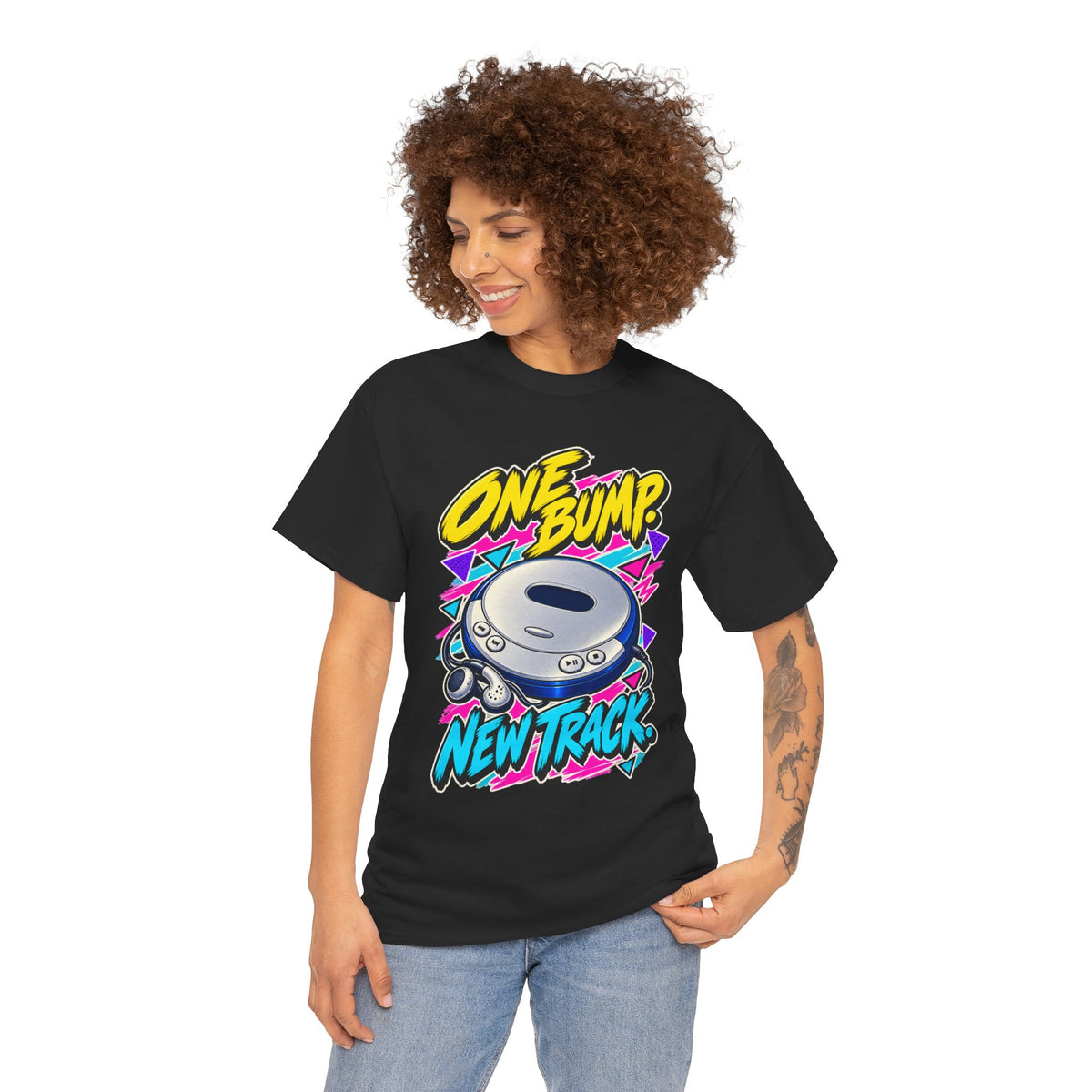 One Bump New Track T-Shirt | Retro CD Walkman Nostalgia on a Black T-shirt, view 17 (Color: Black)