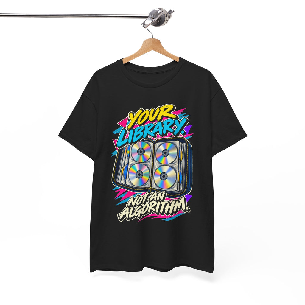 Your Library Not an Algorithm T-Shirt | Retro CD Binder Nostalgia on a Black T-shirt, view 15 (Color: Black)