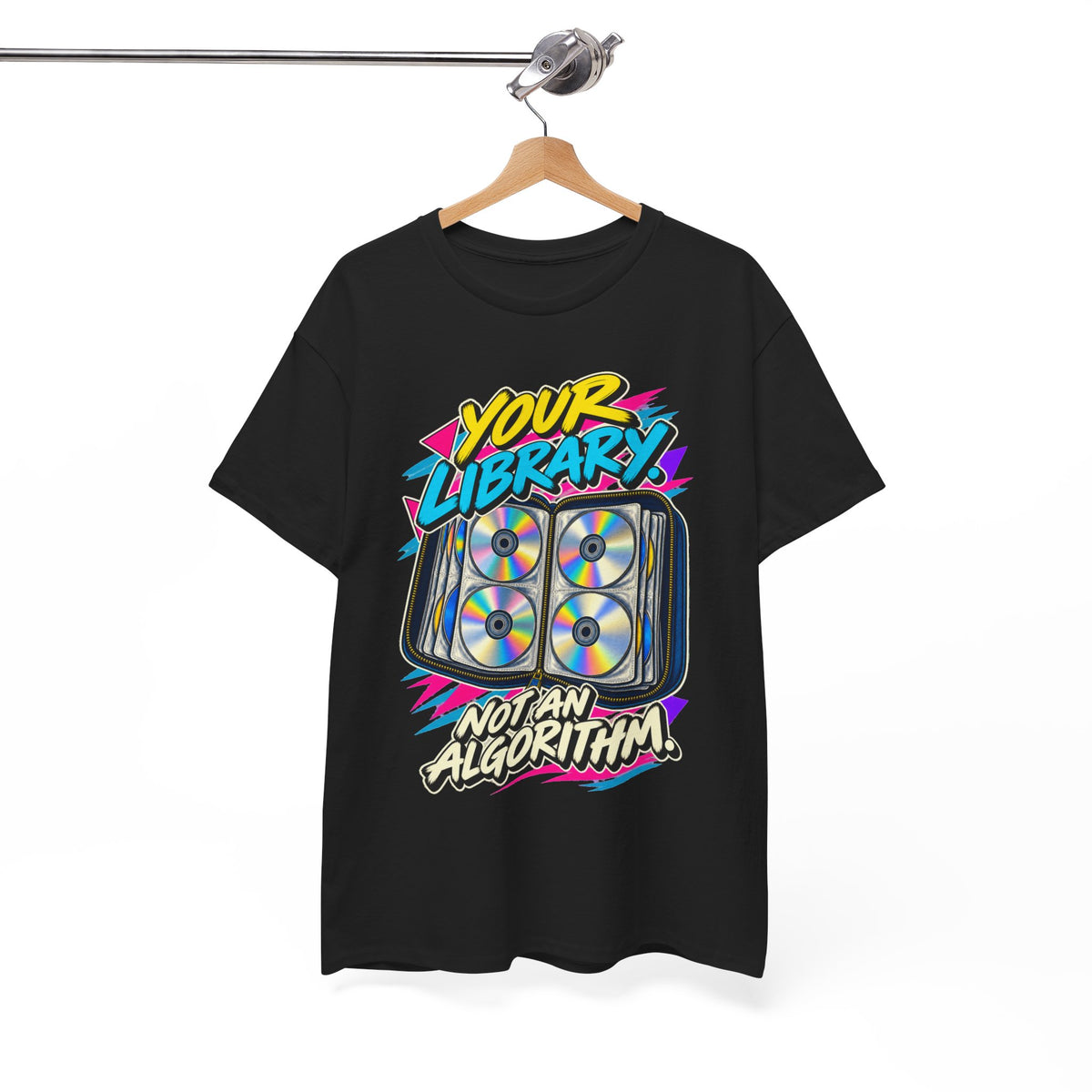 Your Library Not an Algorithm T-Shirt | Retro CD Binder Nostalgia on a Black T-shirt, view 15 (Color: Black)