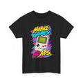 Mobile Games No Ads T-Shirt | Retro Handheld Gaming Nostalgia on a Black T-shirt, view 2 (Color: Black)