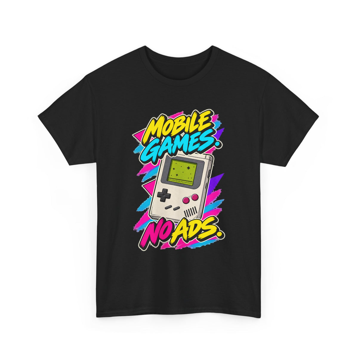 Mobile Games No Ads T-Shirt | Retro Handheld Gaming Nostalgia on a Black T-shirt, view 2 (Color: Black)