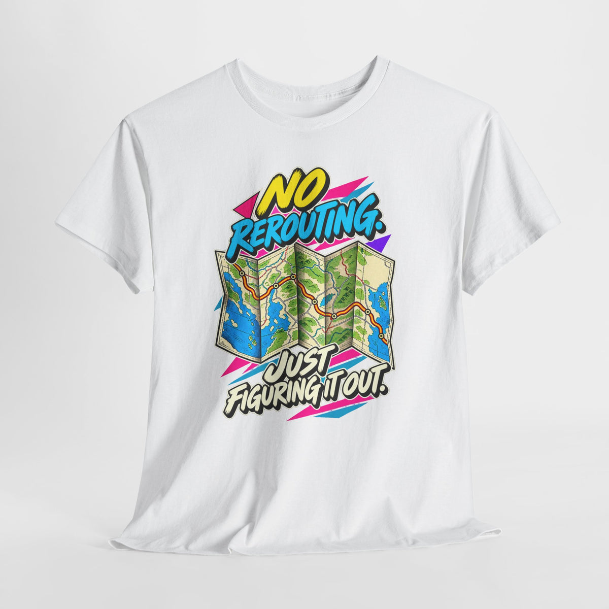 No Rerouting Just Figuring It Out T-Shirt | Retro Road Map Nostalgia on a White T-shirt, view 6 (Color: White)