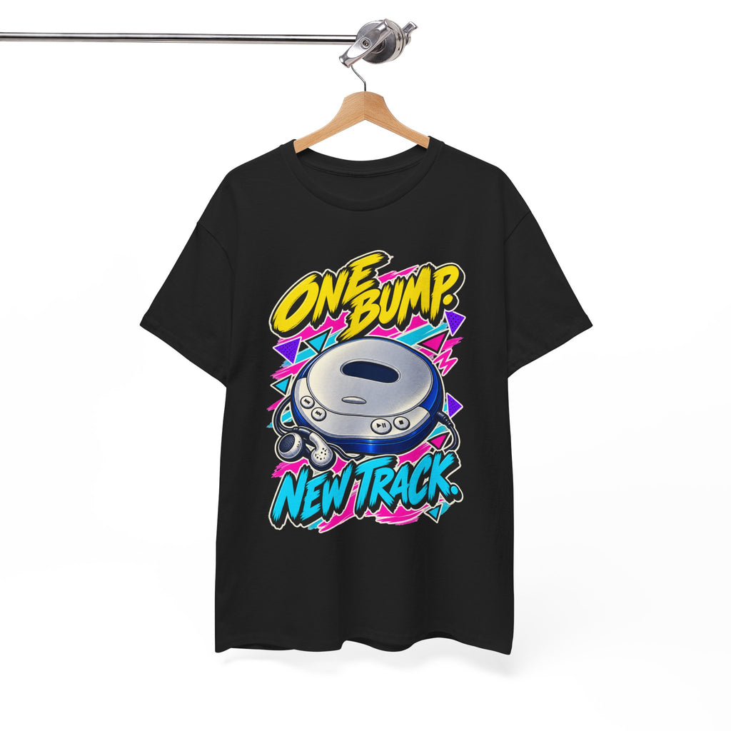 One Bump New Track T-Shirt | Retro CD Walkman Nostalgia on a Black T-shirt, view 15 (Color: Black)