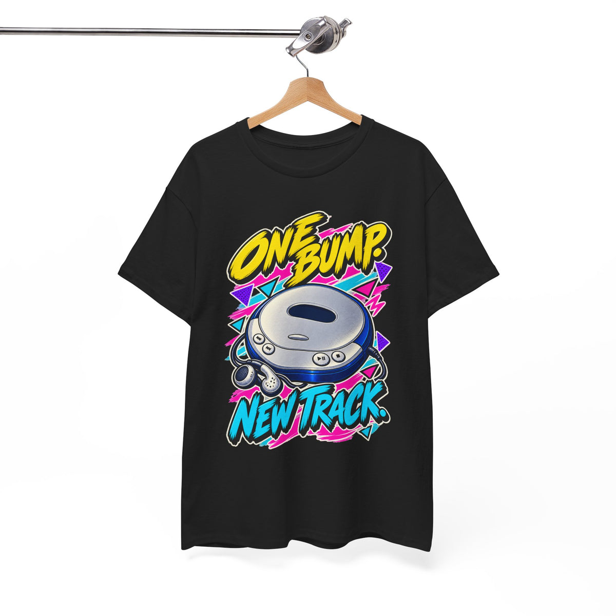 One Bump New Track T-Shirt | Retro CD Walkman Nostalgia on a Black T-shirt, view 15 (Color: Black)