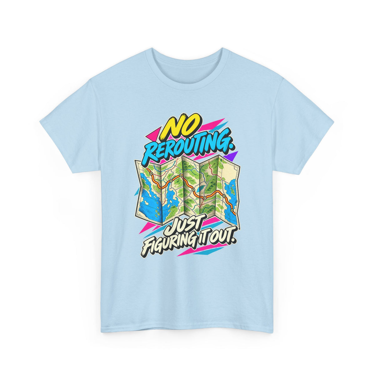 No Rerouting Just Figuring It Out T-Shirt | Retro Road Map Nostalgia on a Light Blue T-shirt, view 3 (Color: Light Blue)