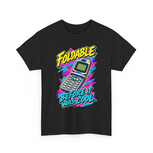 Foldable Before It Was Cool T-Shirt | Retro Flip Phone Nostalgia on a Black T-shirt, view 2 (Color: Black)