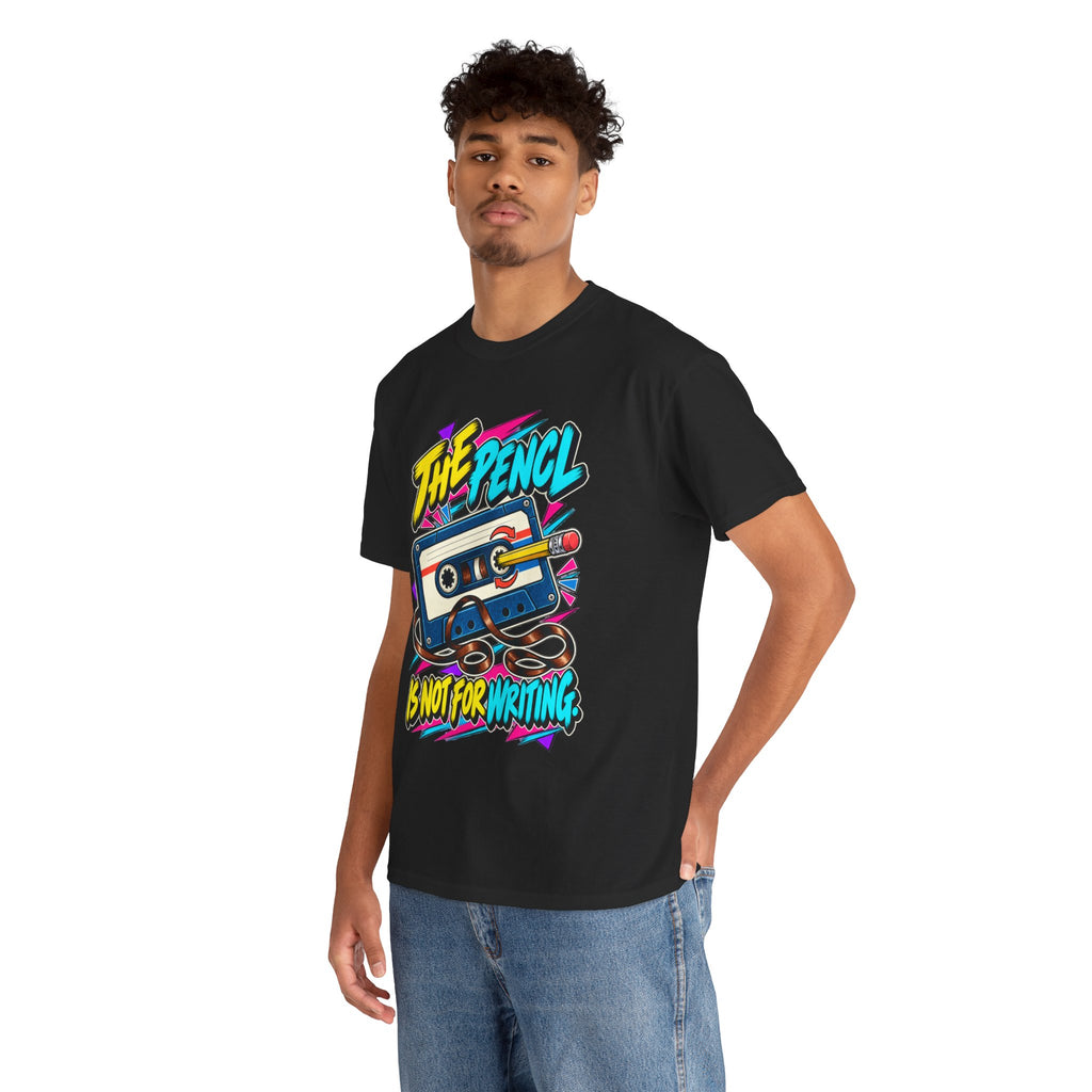 The Pencil Is Not for Writing T-Shirt | Retro Cassette Mixtape Nostalgia on a Black T-shirt, view 17 (Color: Black)