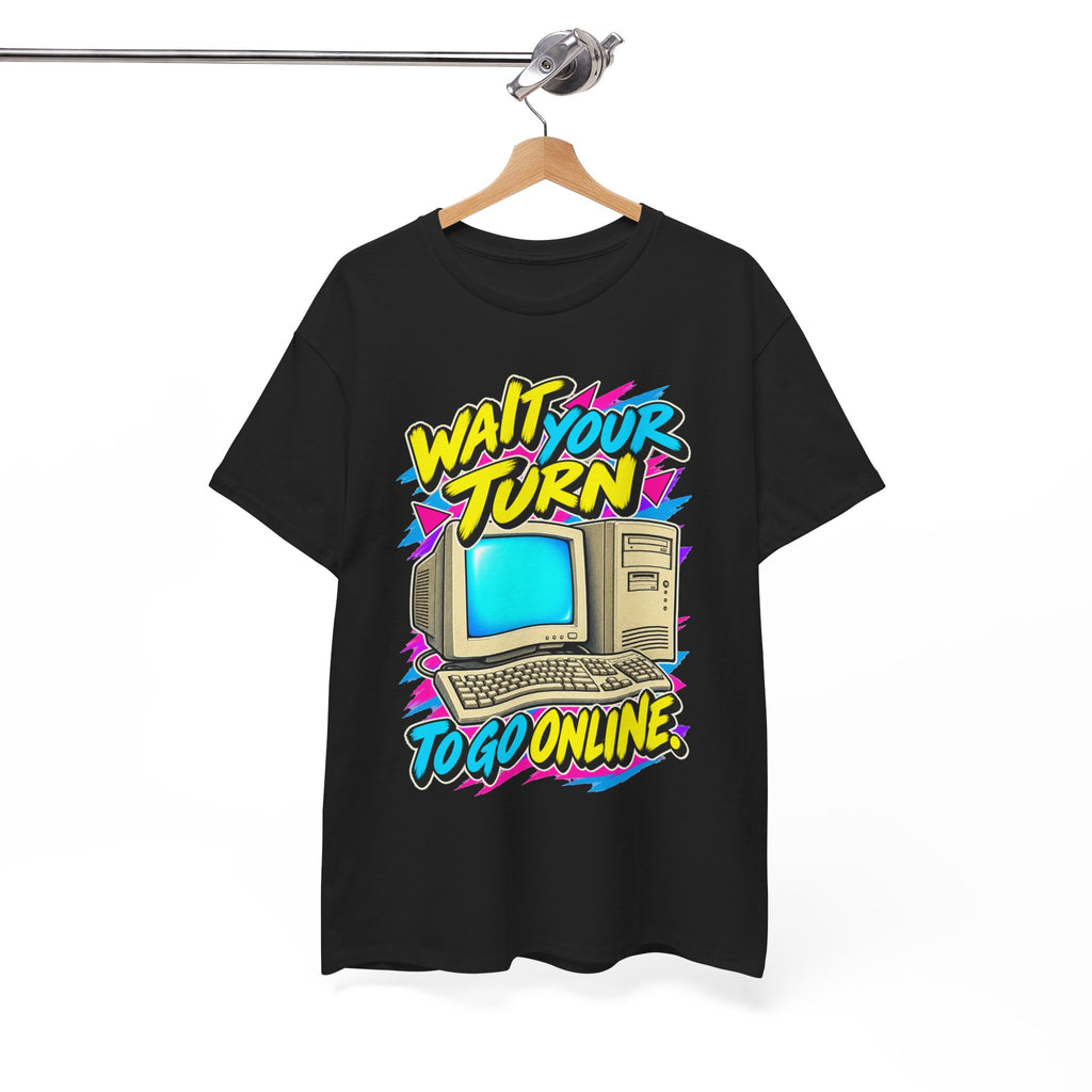 Wait Your Turn to Go Online T-Shirt | Retro Family Computer Nostalgia on a Black T-shirt, view 15 (Color: Black)