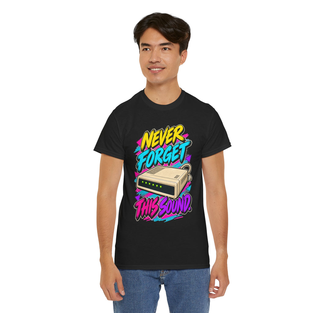 Never Forget This Sound T-Shirt | Retro Dial-Up Modem Nostalgia on a Black T-shirt, view 29 (Color: Black)