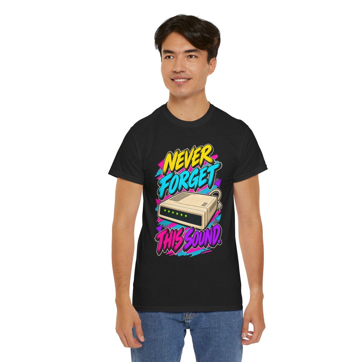 Never Forget This Sound T-Shirt | Retro Dial-Up Modem Nostalgia on a Black T-shirt, view 29 (Color: Black)
