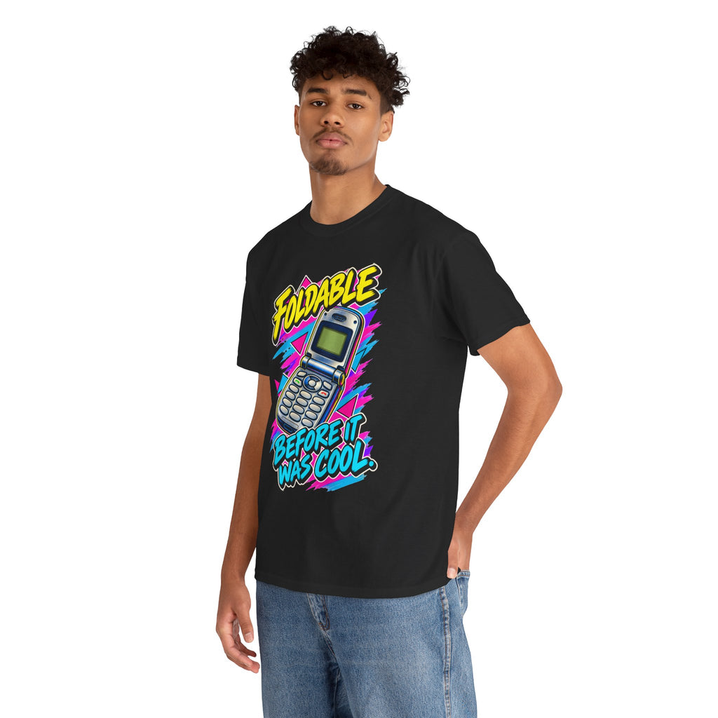 Foldable Before It Was Cool T-Shirt | Retro Flip Phone Nostalgia on a Black T-shirt, view 18 (Color: Black)