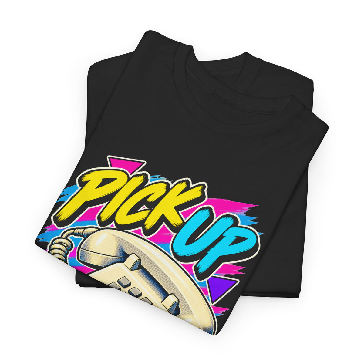 Pick Up to Find Out T-Shirt | Retro Landline Phone Nostalgia on a Black T-shirt, view 13 (Color: Black)