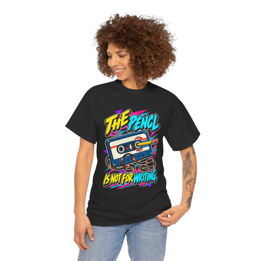 The Pencil Is Not for Writing T-Shirt | Retro Cassette Mixtape Nostalgia on a Black T-shirt, view 16 (Color: Black)
