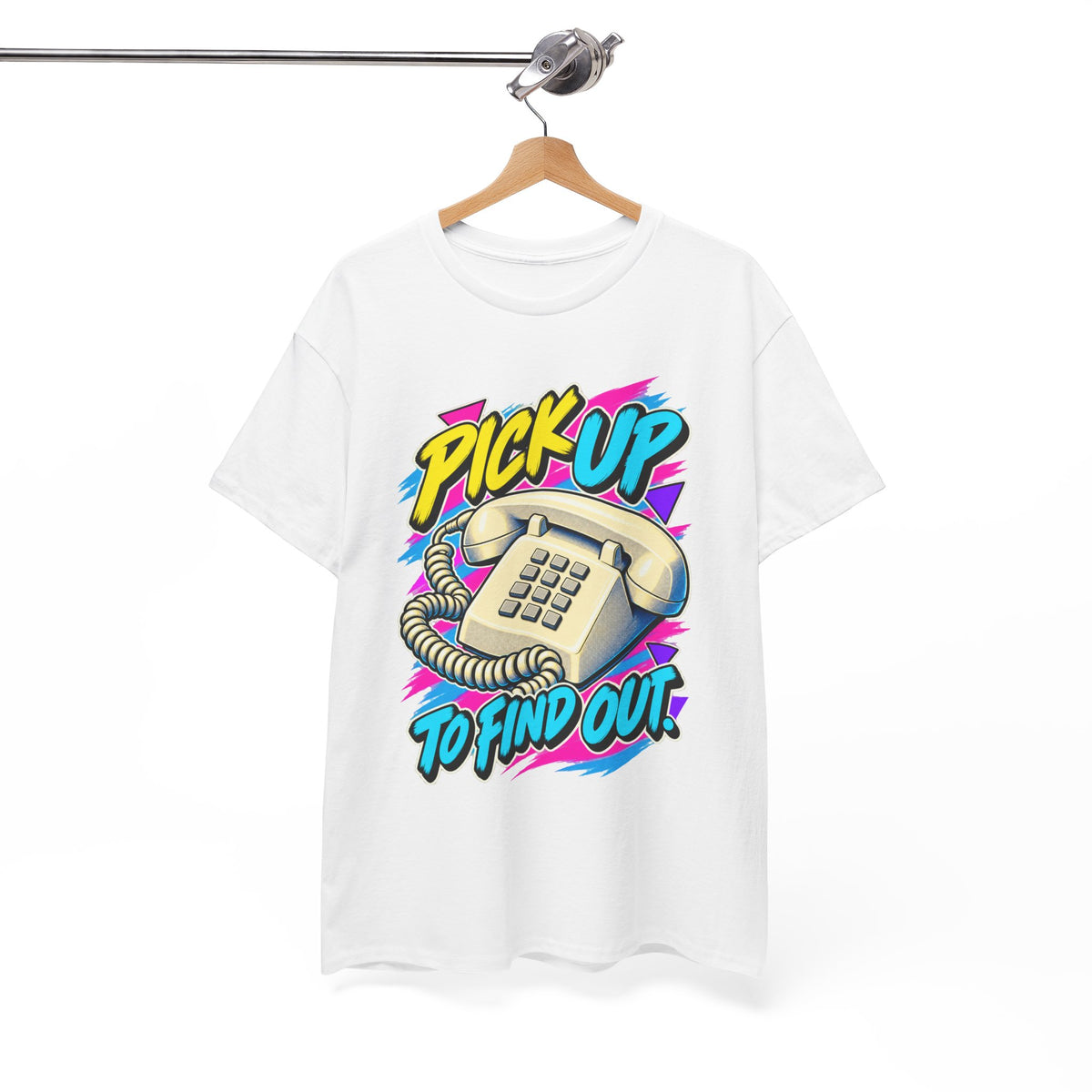 Pick Up to Find Out T-Shirt | Retro Landline Phone Nostalgia on a White T-shirt, view 7 (Color: White)