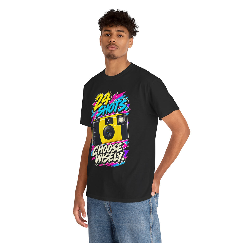 24 Shots Choose Wisely T-Shirt | Retro Disposable Camera Nostalgia on a Black T-shirt, view 28 (Color: Black)