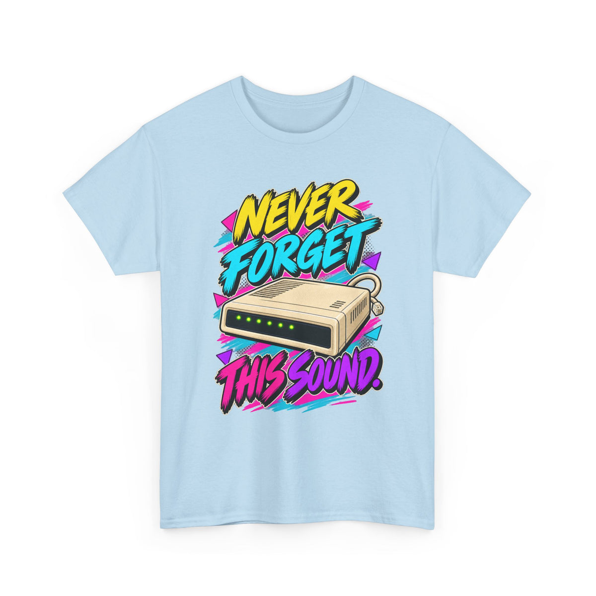 Never Forget This Sound T-Shirt | Retro Dial-Up Modem Nostalgia on a Light Blue T-shirt, view 2 (Color: Light Blue)