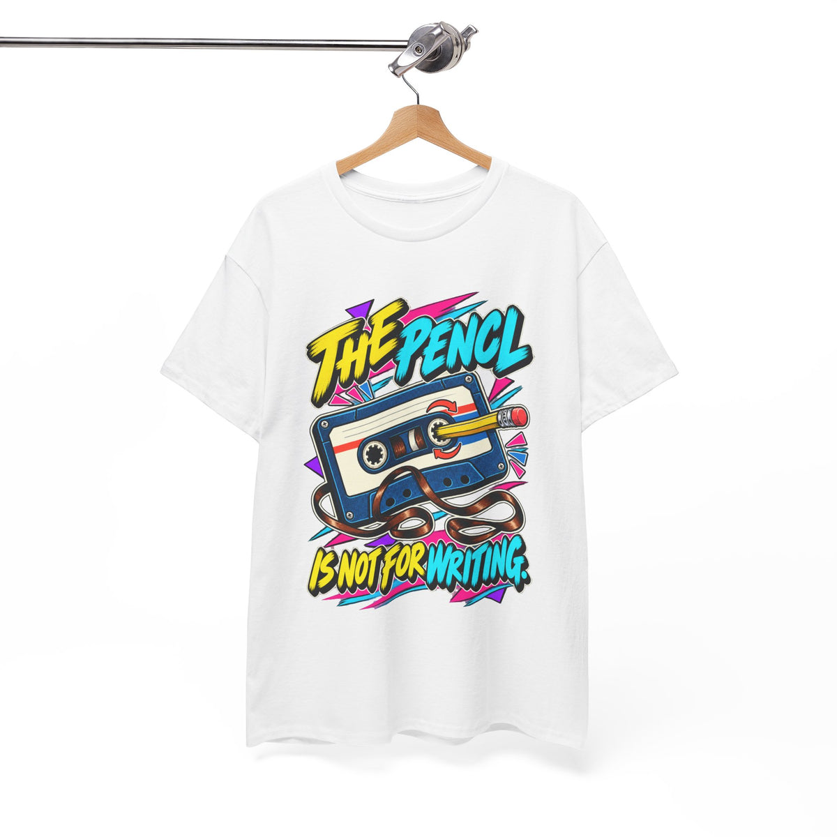 The Pencil Is Not for Writing T-Shirt | Retro Cassette Mixtape Nostalgia on a White T-shirt, view 7 (Color: White)