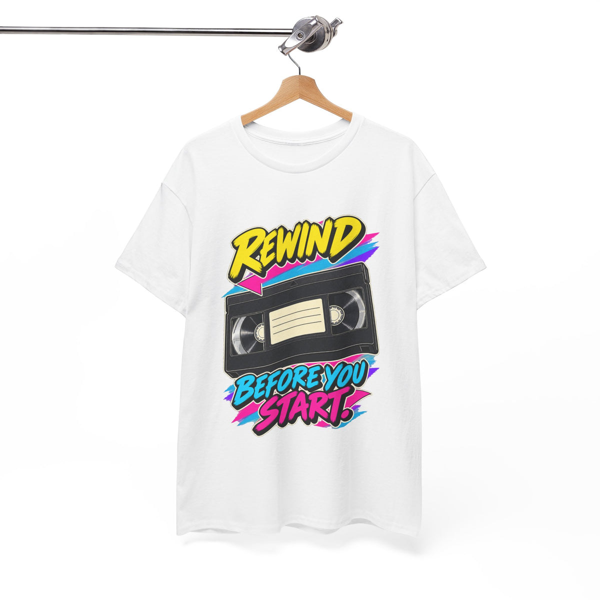Rewind Before You Start T-Shirt | Retro VHS Cassette Nostalgia on a White T-shirt, view 7 (Color: White)