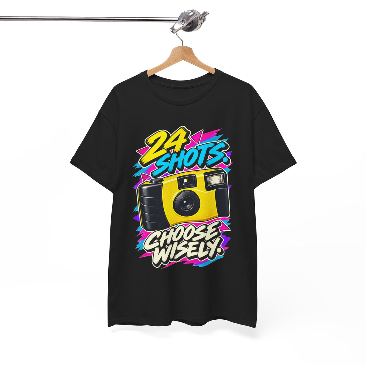 24 Shots Choose Wisely T-Shirt | Retro Disposable Camera Nostalgia on a Black T-shirt, view 25 (Color: Black)