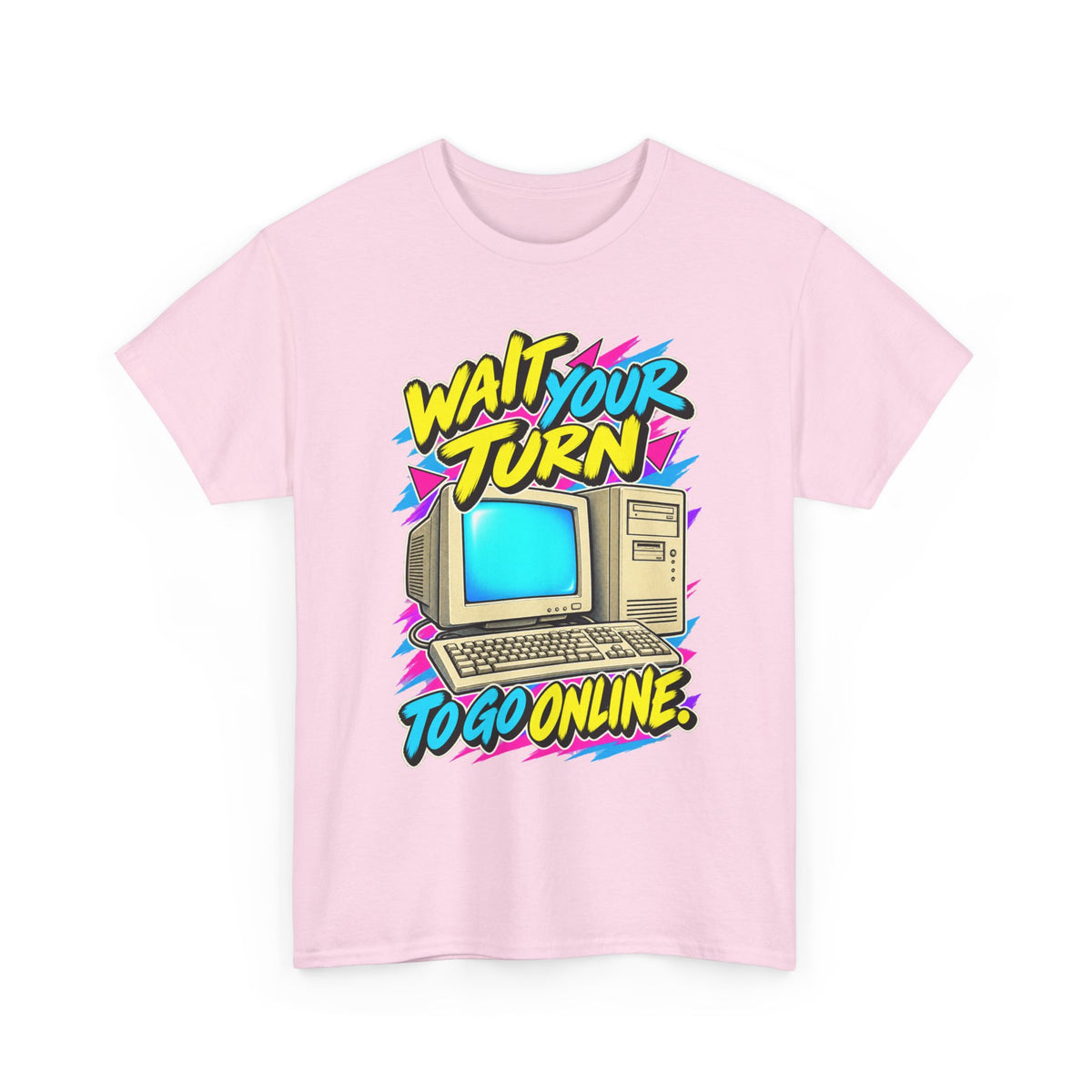 Wait Your Turn to Go Online T-Shirt | Retro Family Computer Nostalgia on a Light Pink T-shirt, view 4 (Color: Light Pink)