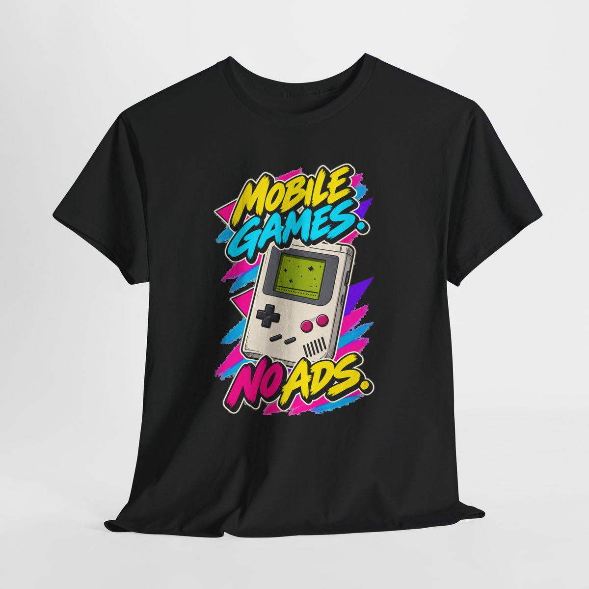 Mobile Games No Ads T-Shirt | Retro Handheld Gaming Nostalgia on a Black T-shirt, view 14 (Color: Black)