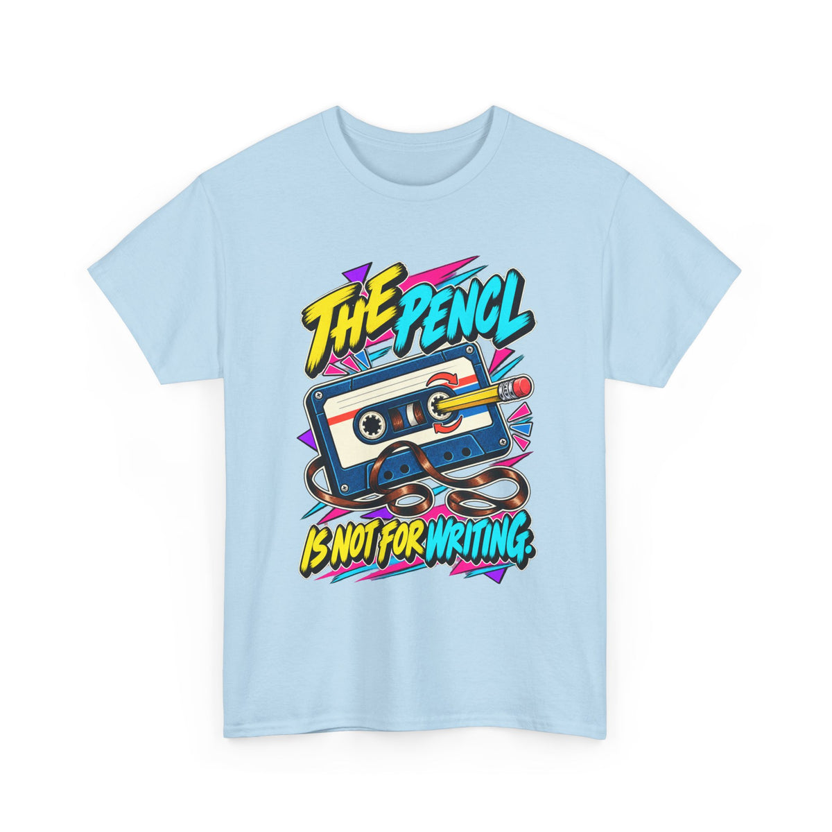 The Pencil Is Not for Writing T-Shirt | Retro Cassette Mixtape Nostalgia on a Light Blue T-shirt, view 3 (Color: Light Blue)