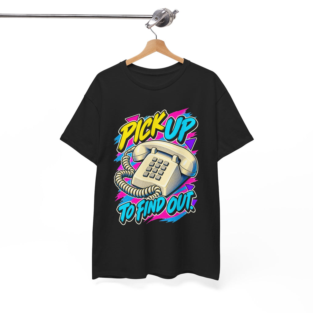 Pick Up to Find Out T-Shirt | Retro Landline Phone Nostalgia on a Black T-shirt, view 15 (Color: Black)