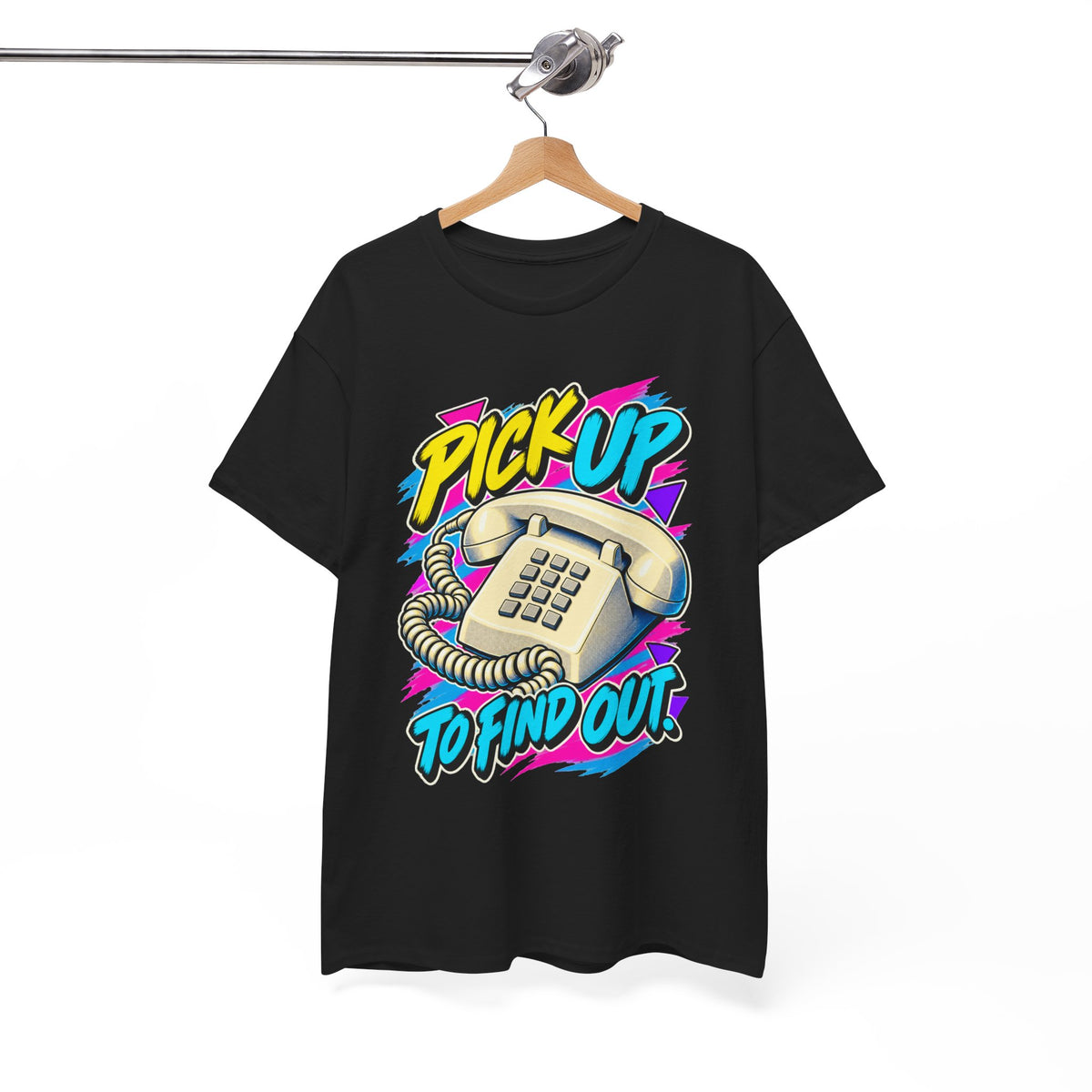 Pick Up to Find Out T-Shirt | Retro Landline Phone Nostalgia on a Black T-shirt, view 15 (Color: Black)