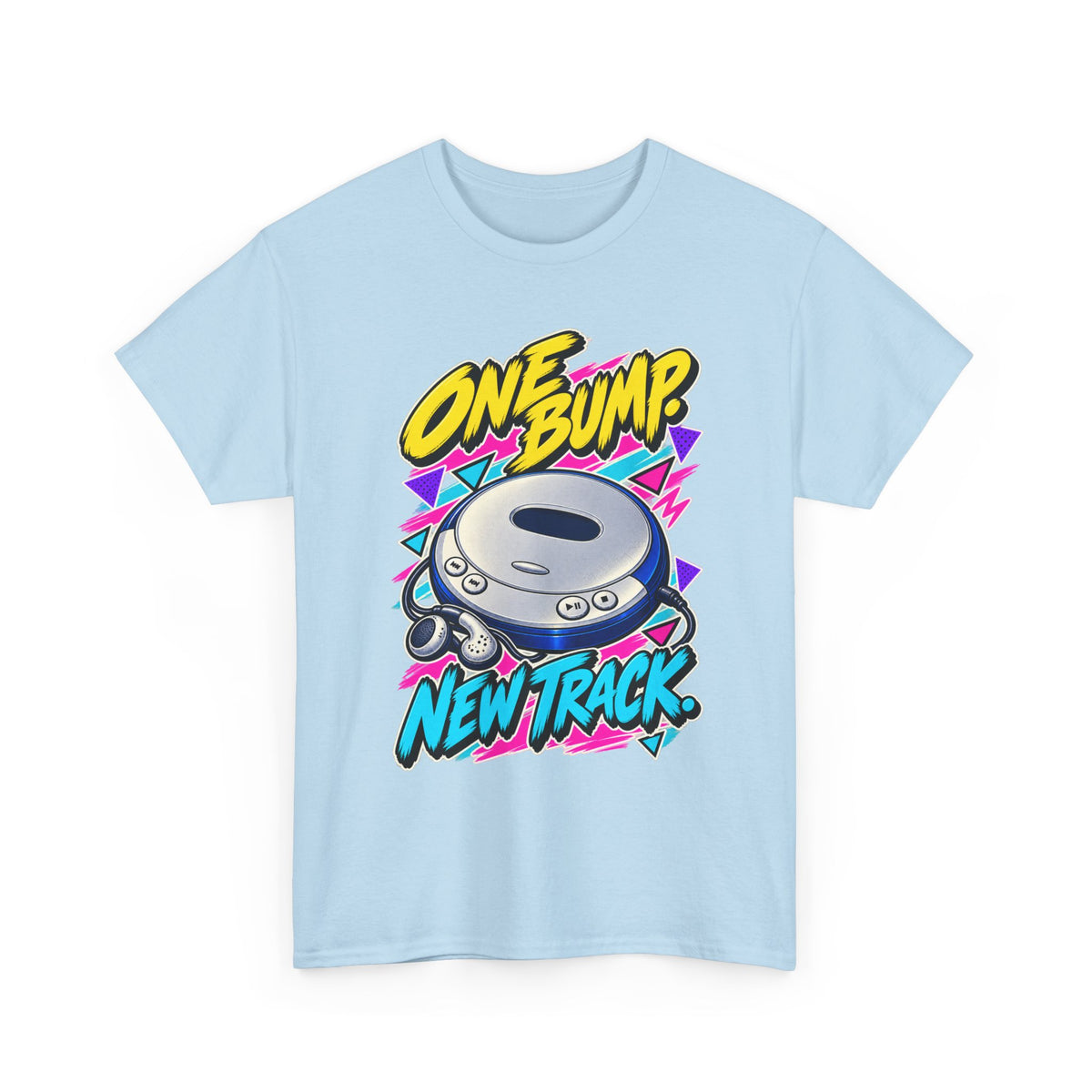 One Bump New Track T-Shirt | Retro CD Walkman Nostalgia on a Light Blue T-shirt, view 3 (Color: Light Blue)