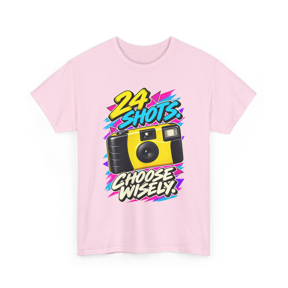 24 Shots Choose Wisely T-Shirt | Retro Disposable Camera Nostalgia on a Light Pink T-shirt, view 4 (Color: Light Pink)