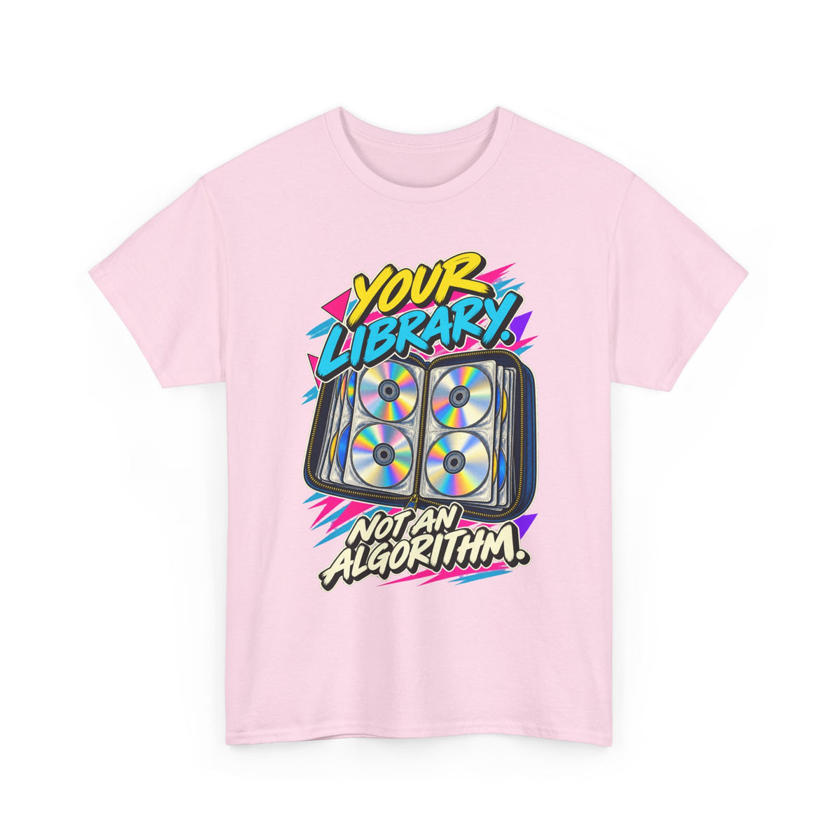 Your Library Not an Algorithm T-Shirt | Retro CD Binder Nostalgia on a Light Pink T-shirt, view 4 (Color: Light Pink)