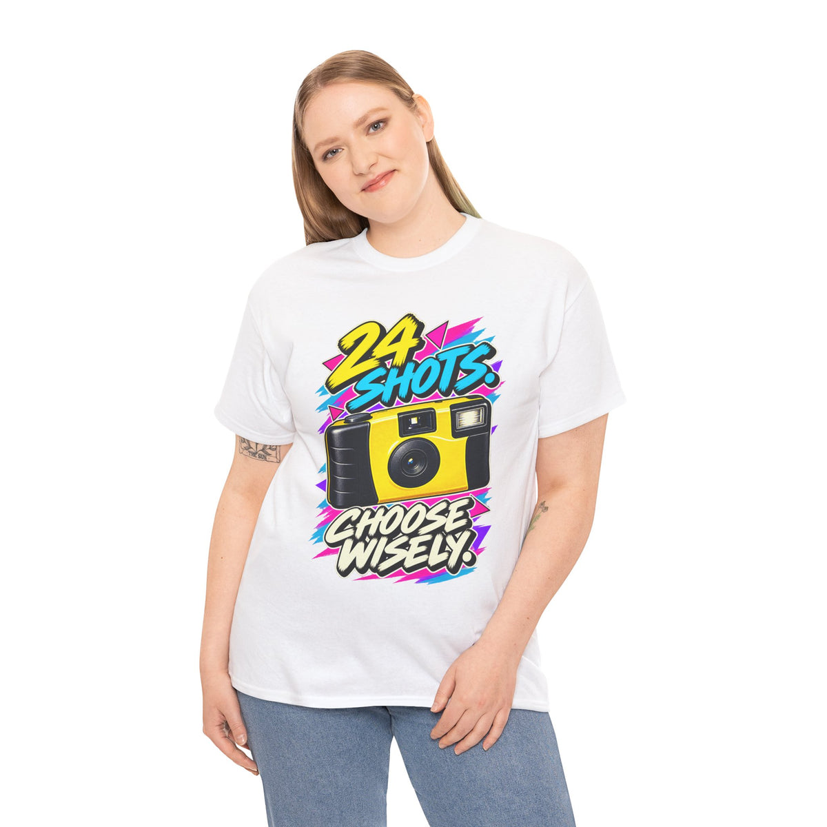 24 Shots Choose Wisely T-Shirt | Retro Disposable Camera Nostalgia on a White T-shirt, view 9 (Color: White)