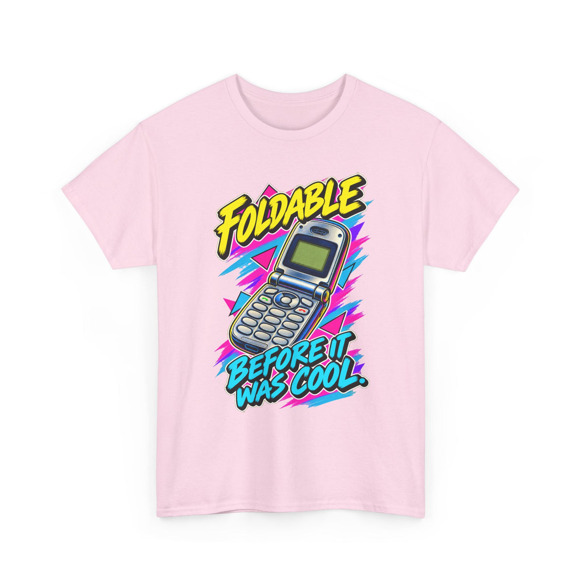 Foldable Before It Was Cool T-Shirt | Retro Flip Phone Nostalgia on a Light Pink T-shirt, view 4 (Color: Light Pink)