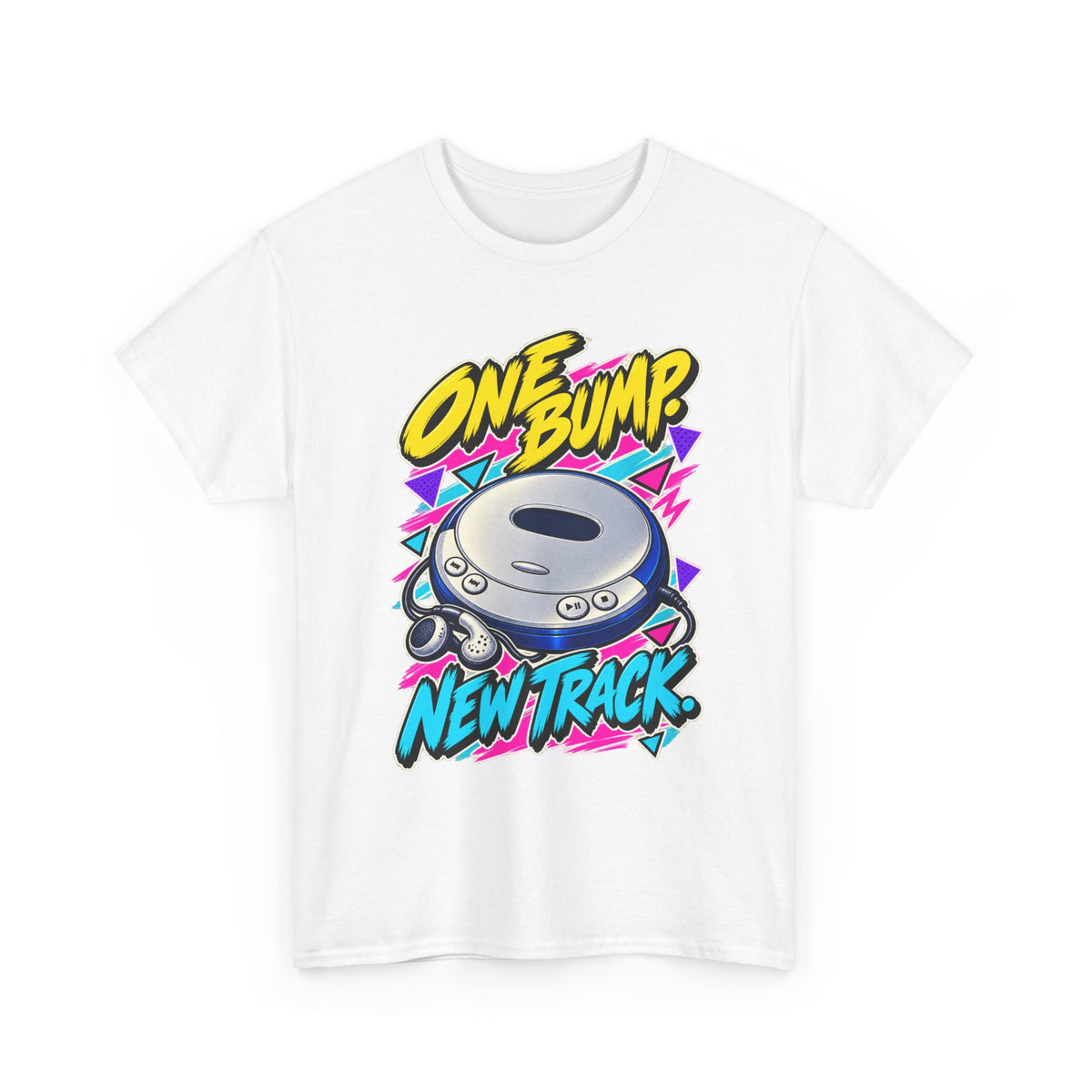 One Bump New Track T-Shirt | Retro CD Walkman Nostalgia on a White T-shirt, view 1 (Color: White)