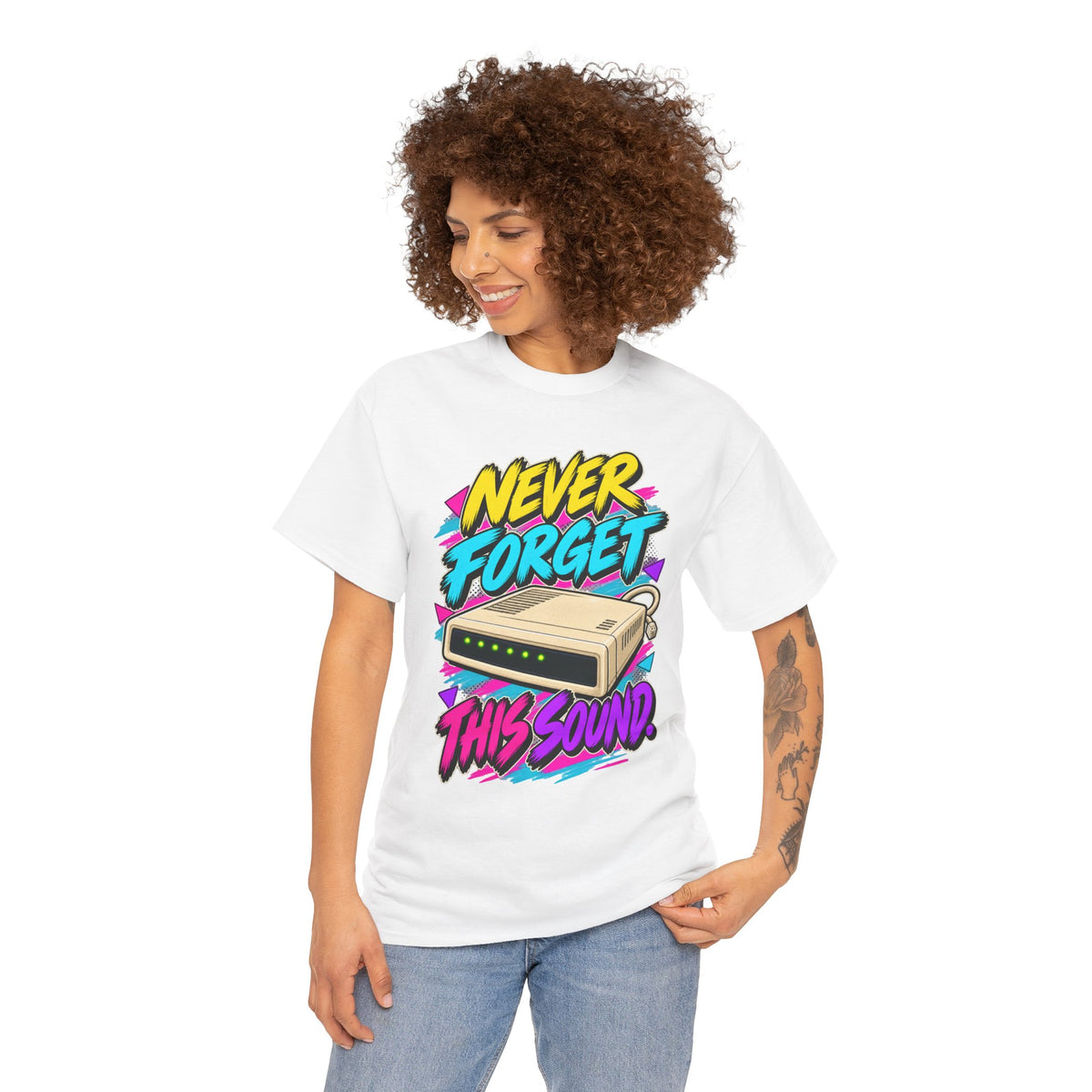 Never Forget This Sound T-Shirt | Retro Dial-Up Modem Nostalgia on a White T-shirt, view 9 (Color: White)