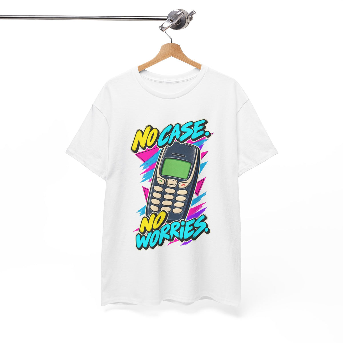 No Case No Worries T-Shirt | Retro Mobile Phone Nostalgia on a White T-shirt, view 7 (Color: White)