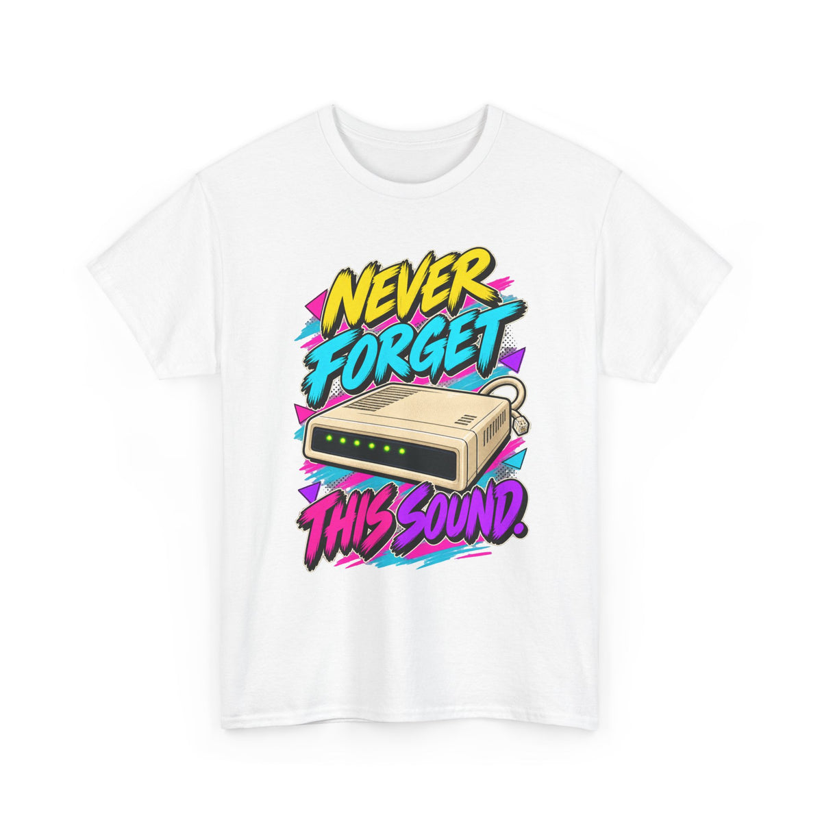 Never Forget This Sound T-Shirt | Retro Dial-Up Modem Nostalgia on a White T-shirt, view 1 (Color: White)