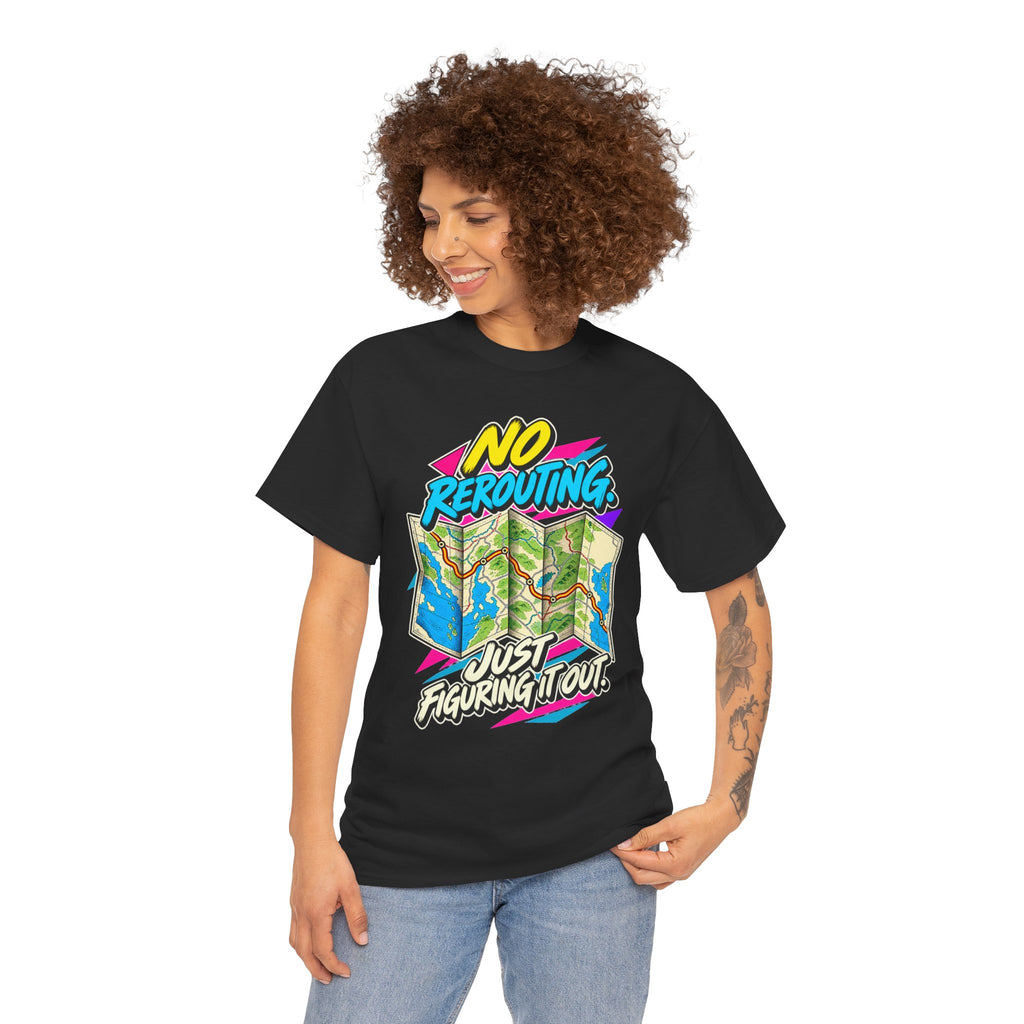 No Rerouting Just Figuring It Out T-Shirt | Retro Road Map Nostalgia on a Black T-shirt, view 17 (Color: Black)