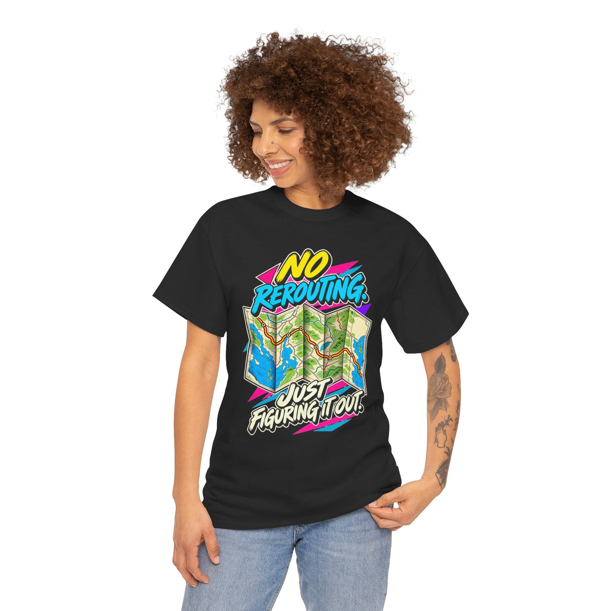 No Rerouting Just Figuring It Out T-Shirt | Retro Road Map Nostalgia on a Black T-shirt, view 17 (Color: Black)