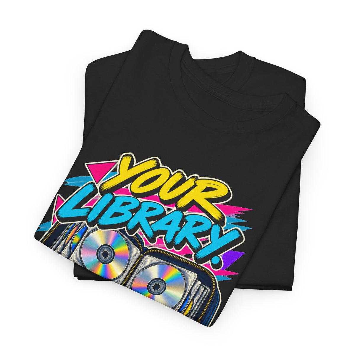 Your Library Not an Algorithm T-Shirt | Retro CD Binder Nostalgia on a Black T-shirt, view 13 (Color: Black)